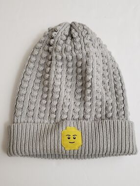 OS Lego Light Gray Knit Beanie With Lego Man Head On Front